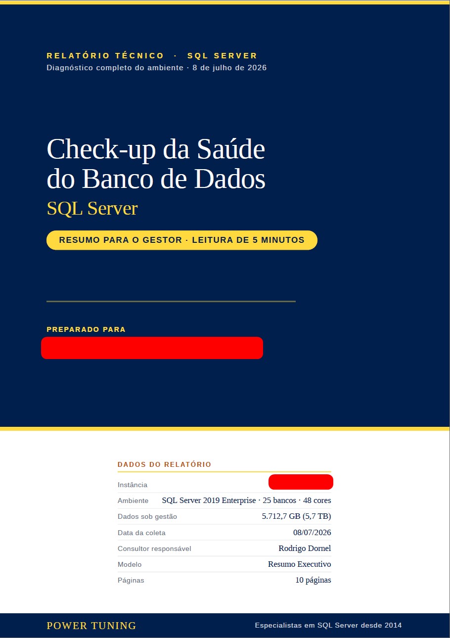 Capa do relat&oacute;rio Health Check SQL Server da Power Tuning